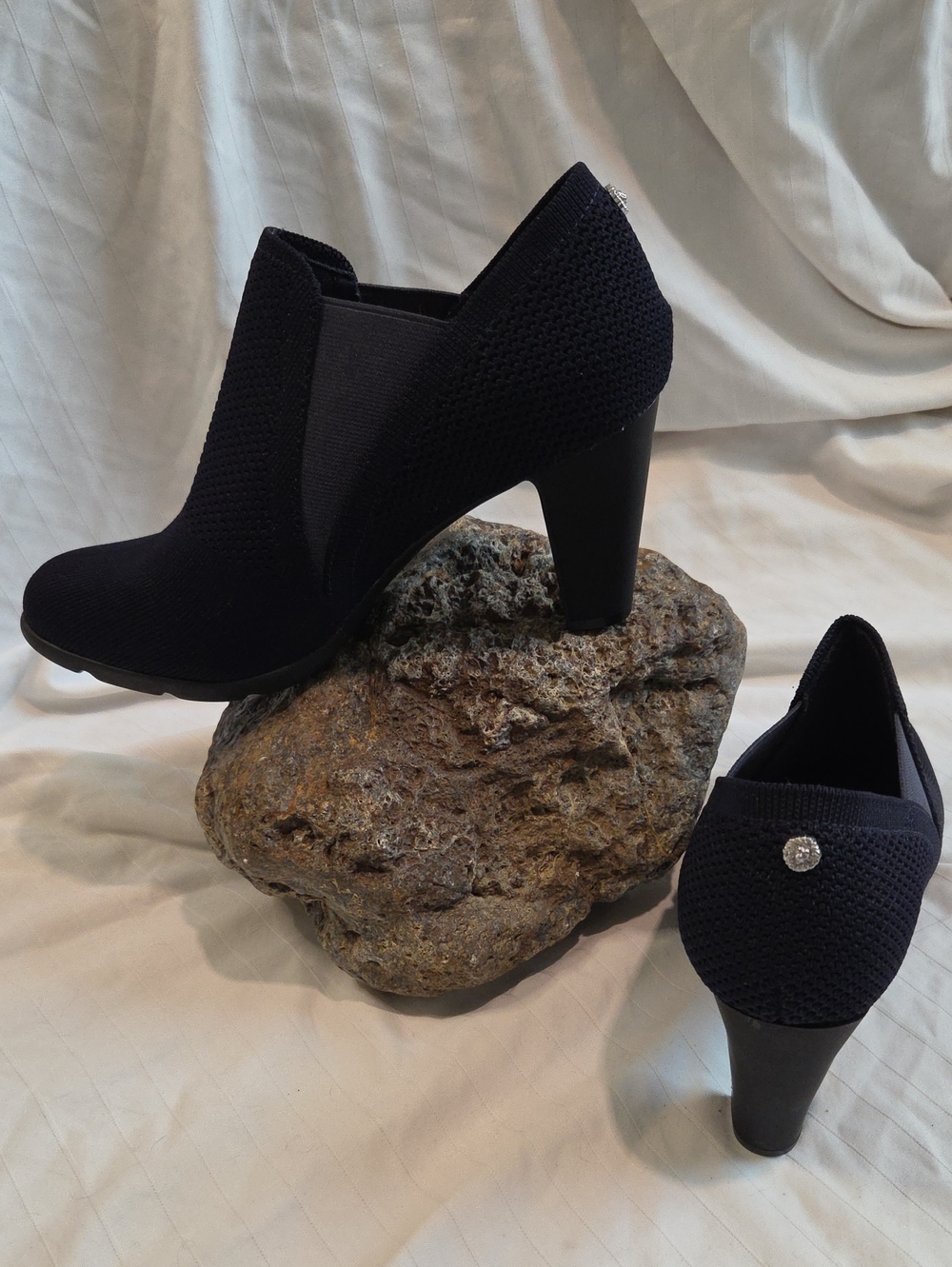 Anne Klein Black Knit High Heel Booties Logo Accent Sz8.5